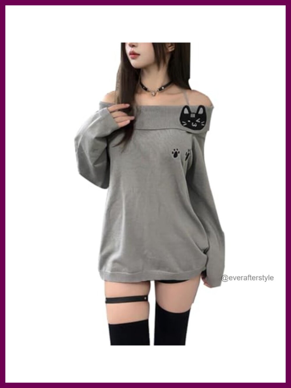 Y2K Off Shoulder Long Sleeve Cat Print T-Shirt Ribbed Streetwear